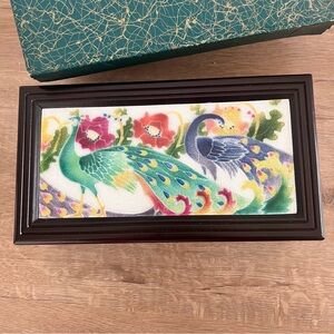 1970s Sankyo Orgel Japan Wood Music‎ Jewelry Box Bouquet Enamel Peacocks Vtg NIB